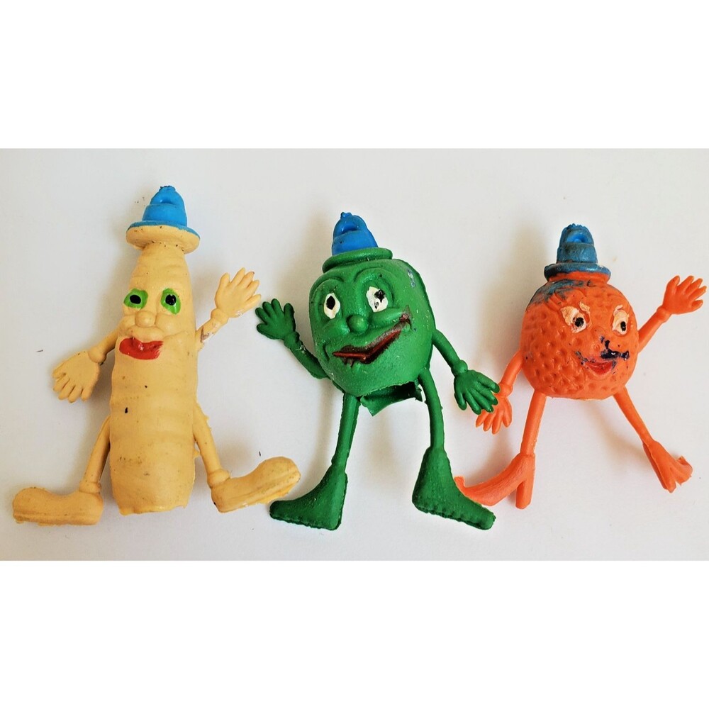 Vintage Pencil Toppers Lot 3 Fruits Vegetable Figures Cake Mate Munch Bunch 70s